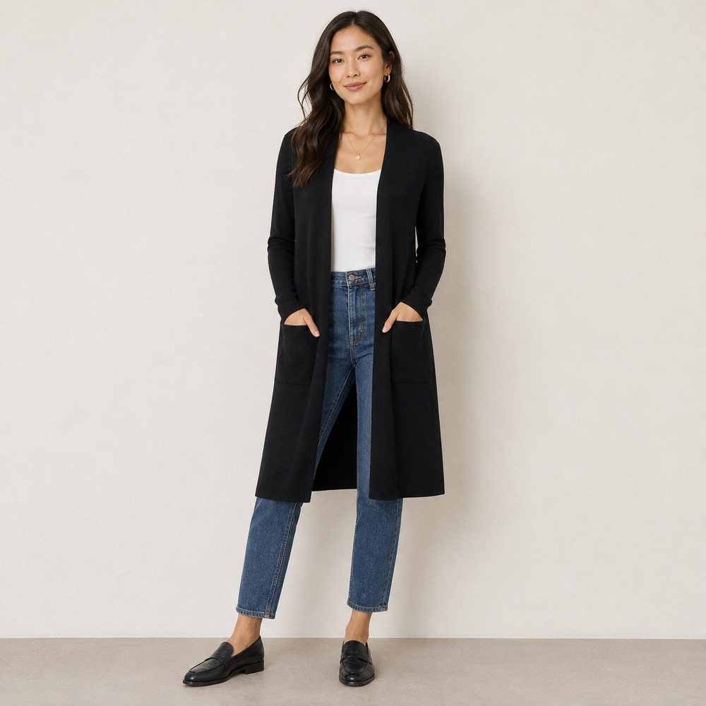 Babaton Aritzia Long Open Front Cardigan Women XS Black Knit Pockets Minimalist